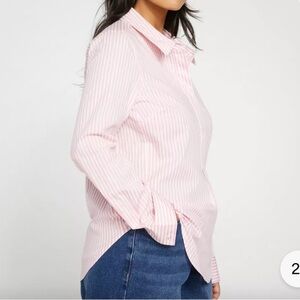 Universal Standard Elbe Poplin Shirt Classic Fit Pink White Stripe XS (10-12)